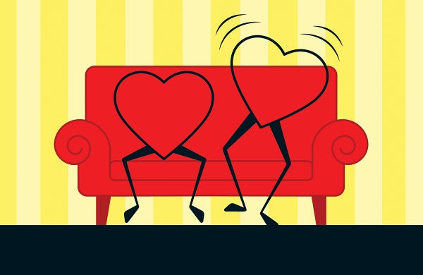 Conceptual illustration of two hearts sitting on a couch.
