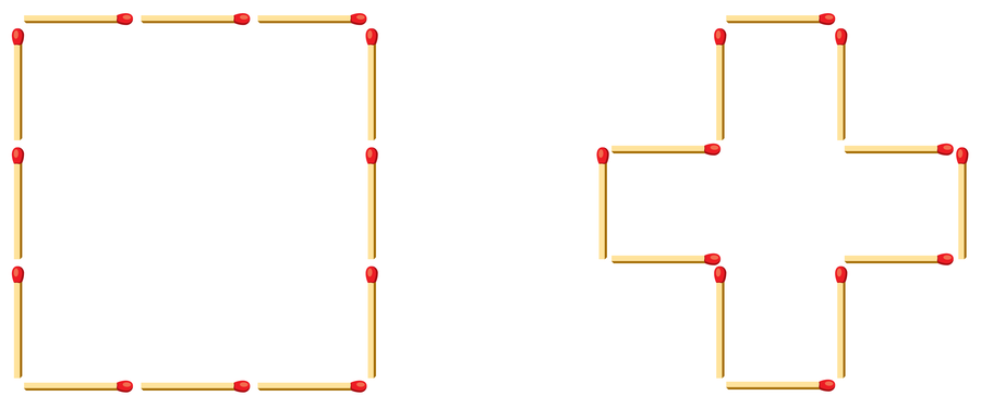 Graphic shows two sets of 12 matchsticks arranged into outlines of shapes. One set forms a square, and the other set forms a cross.