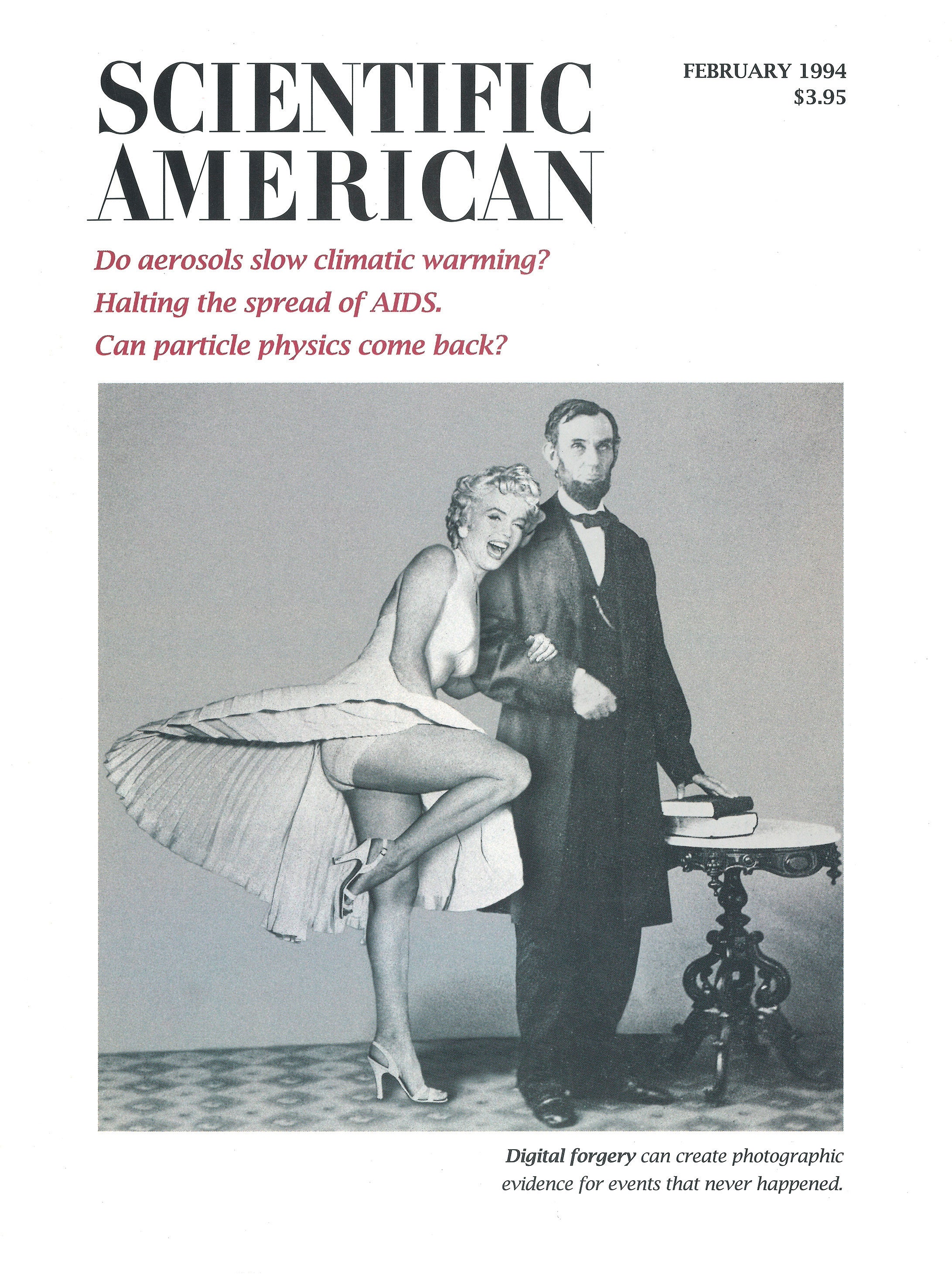 Marilyn Monroe hugs the arm of Abraham Lincoln on the cover of Scientific American Magazine Vol 270 Issue 2