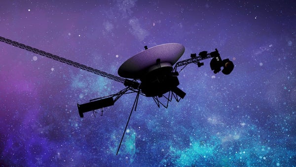 An artist's depiction of a Voyager spacecraft in outer space.