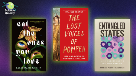 An illustration of three book covers on a purple background