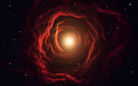 A glowing yellow orb surrounded by shadowy red wisps of cloud in deep space