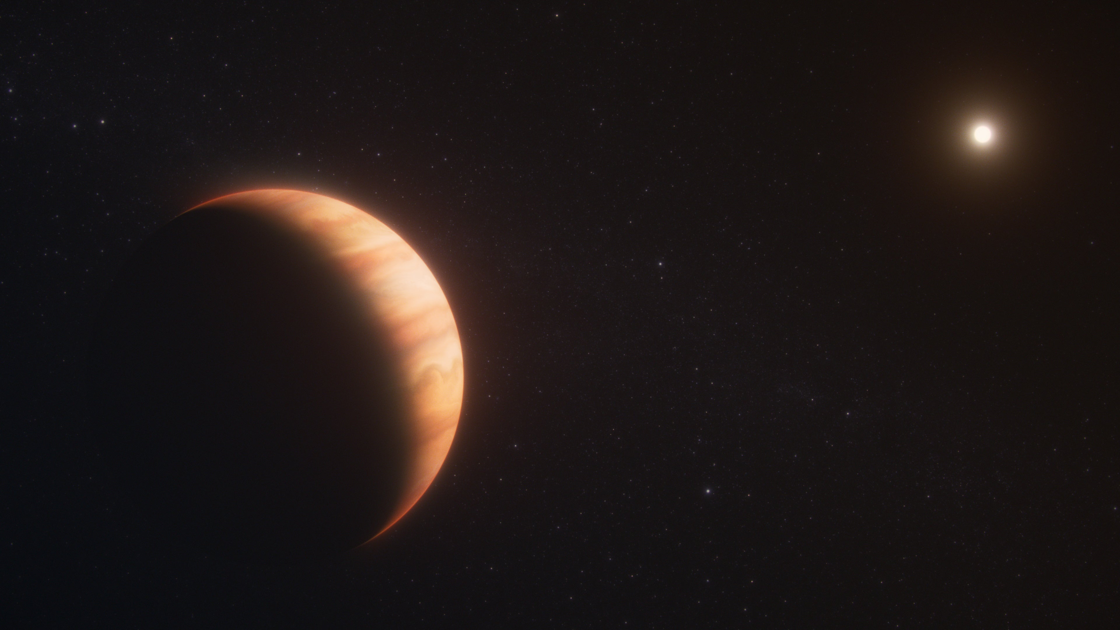 Artist concept of the gas giant planet WD 1856 b orbiting a white dwarf star.