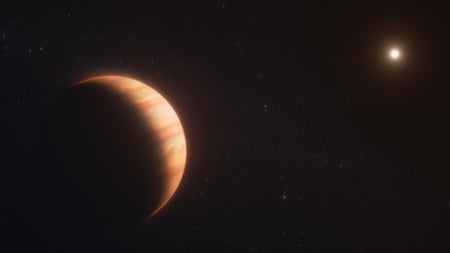 Artist concept of the gas giant planet WD 1856 b orbiting a white dwarf star.