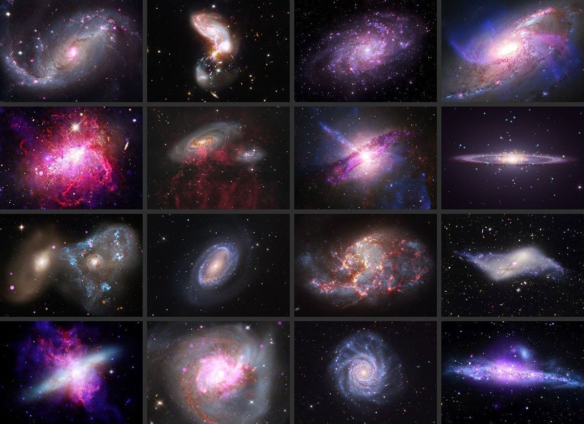 Sixteen photos of galaxies in a grid.