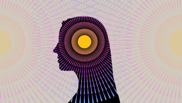 Colorful concentric arrows radiate from a person's head in profile.