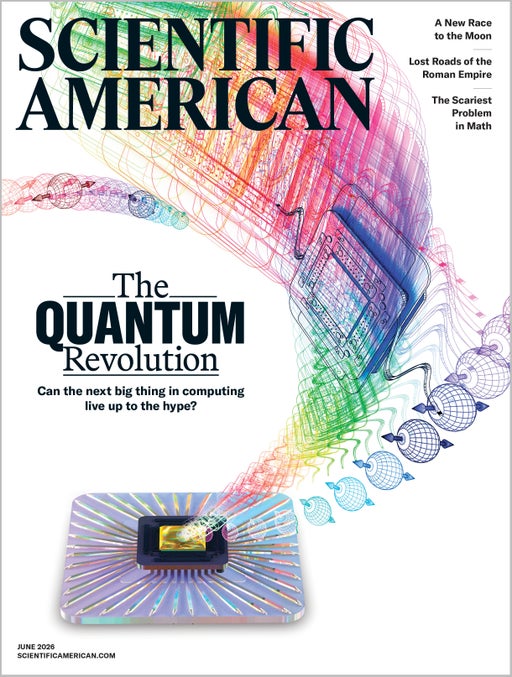 Cover of the June 2026 issue of Scientific American, displaying a quantum device with colorful blocks flying out of it.