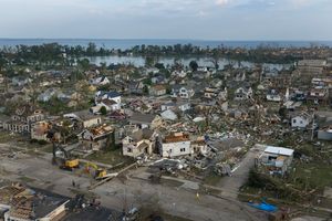 An aerial view shows damage after a tornado ripped through Menasha, Wis., on July 27, 2026. The tornado passed through several communities in the area, caused widespread power outages and left behind a long path of destruction.