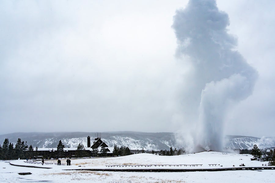 Old Faithful erupts a giant white plume into the winter sky