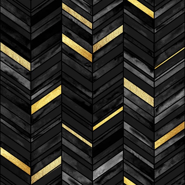 A mosaic herringbone pattern of black, grey, and a few panels of gold.