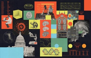 Collage style illustration by Max-o-matic showing different areas of science, government buildings, data samples and maps.