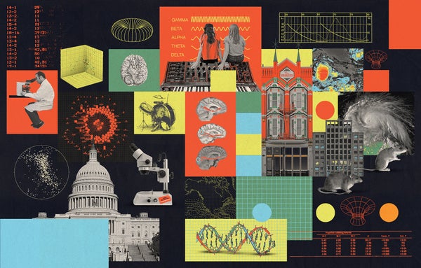 Collage style illustration by Max-o-matic showing different areas of science, government buildings, data samples and maps.