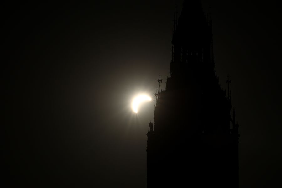 The Elizabeth Tower more commonly known as Big Ben is pictured during a near total solar eclipse, with more than 90 percent of the Sun blocked by the Moon across Britain, in central London on August 12, 2026.
