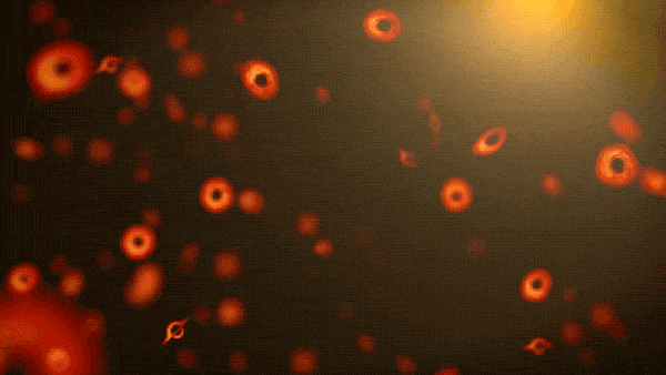 A swarm of glowing dots moves against a dark background, representing primordial black holes drifting through deep space