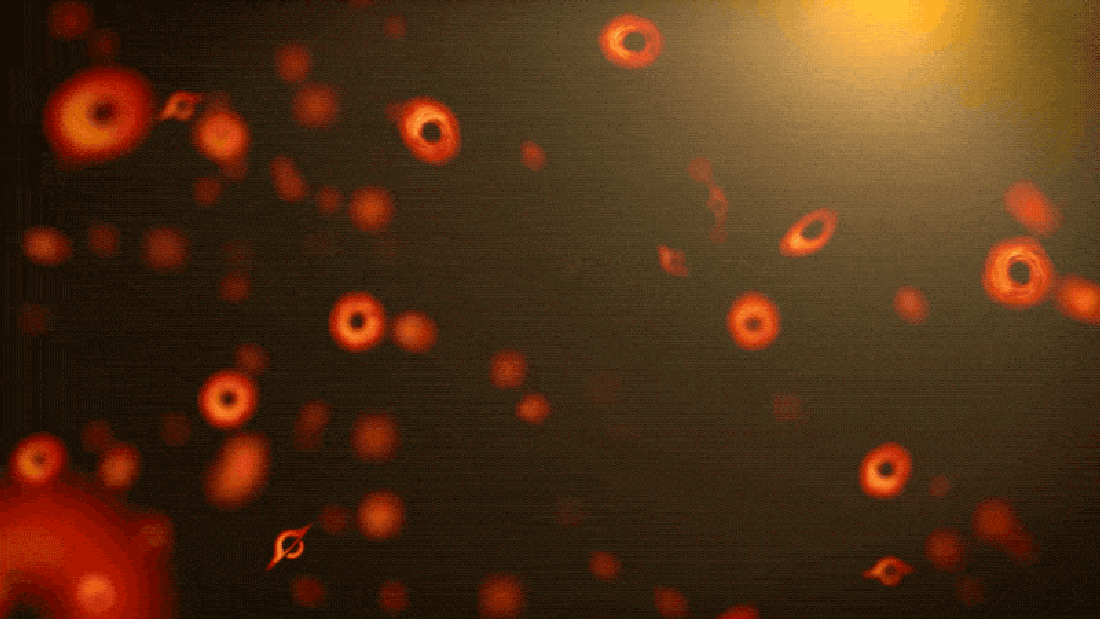 A swarm of glowing dots moves against a dark background, representing primordial black holes drifting through deep space