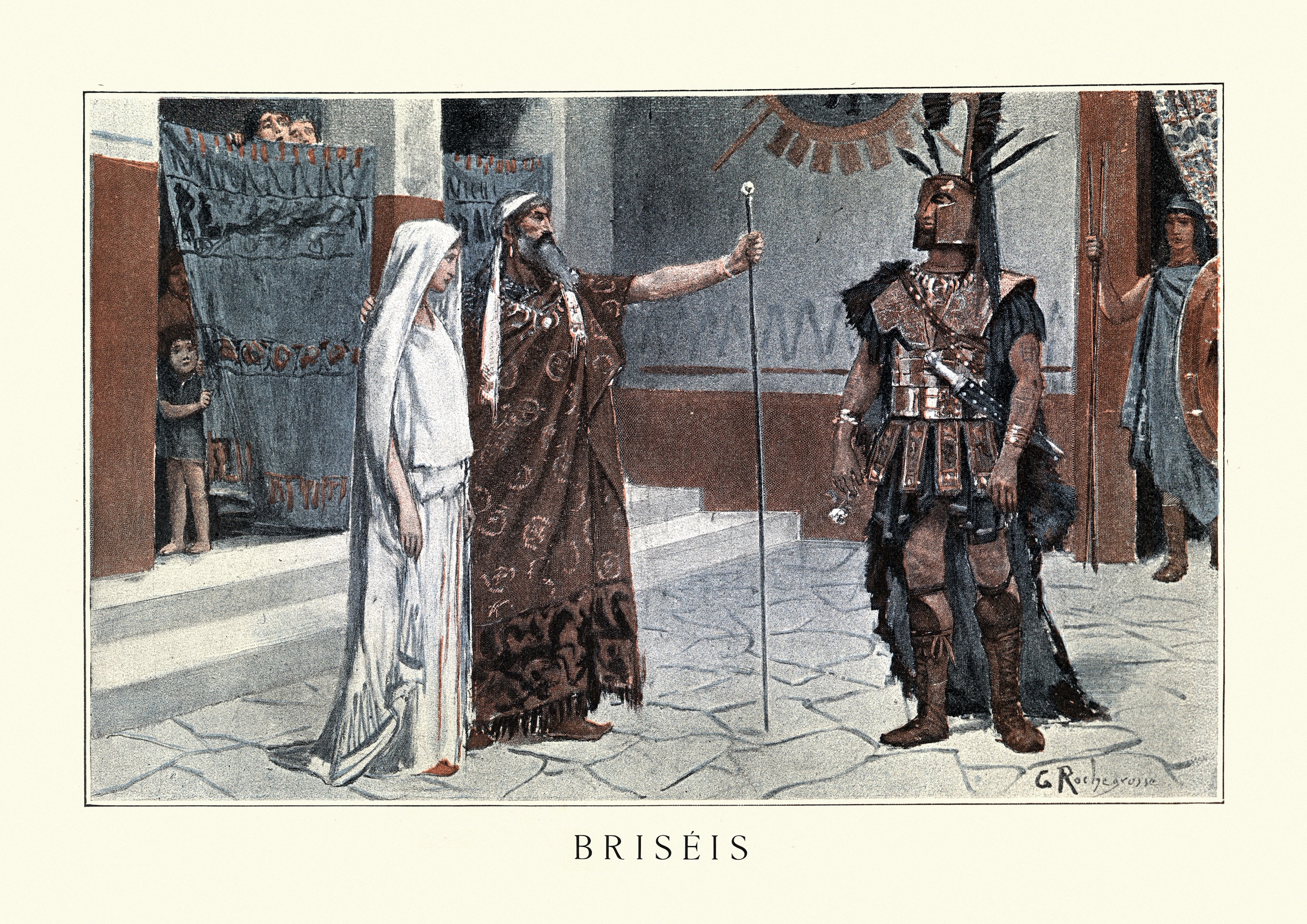 A vintage illustration depicts Briseis and Achilles from the Iliad.
