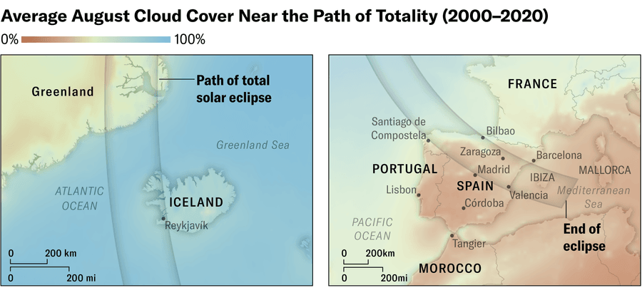 Graphic shows total and partial eclipse visibility on August 12, 2026. A globe is shown with shaded bands indicating where 20, 40, 60, 80 and 100 percent of the sun will be obscured. Inset maps highlight the path of totality over Iceland and Spain and show average August cloud cover data from 2000 to 2020.