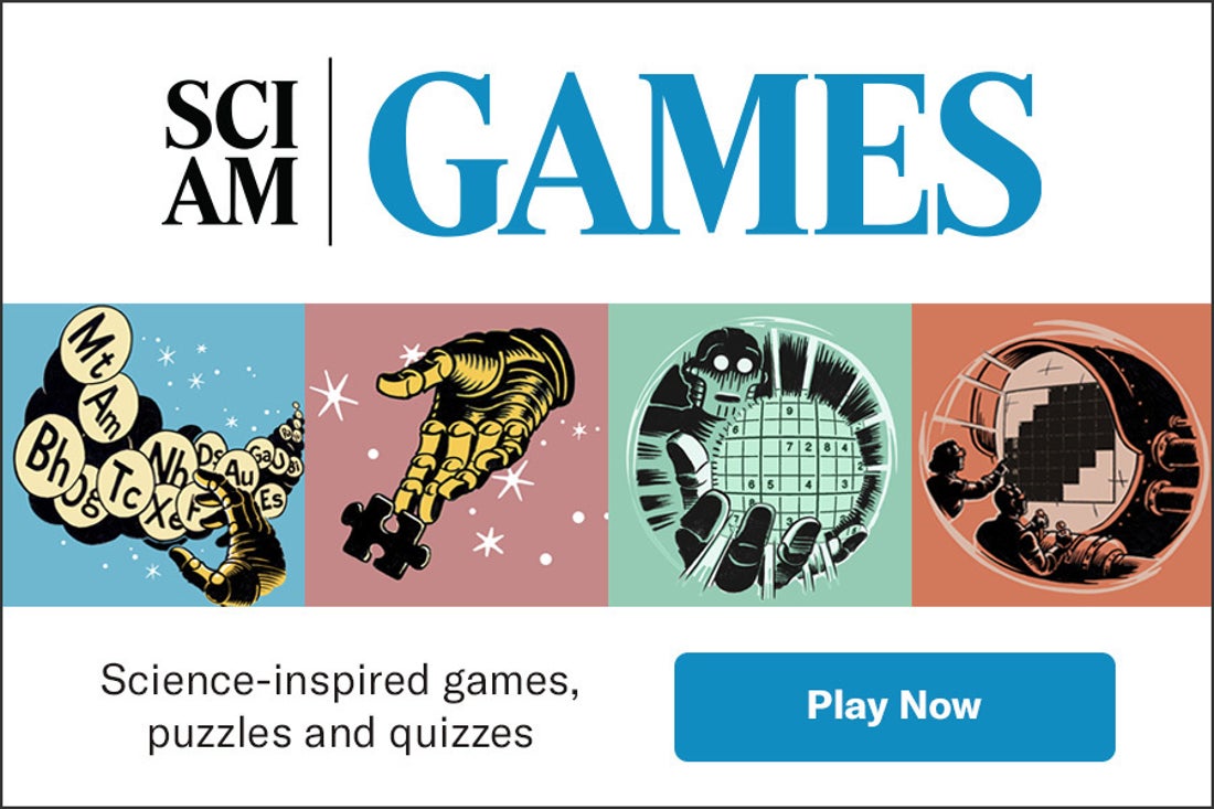 SciAm Games advertisement with four different games-related illustrations.