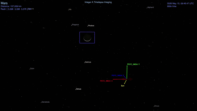 An animation showing the Psyche spacecraft's expected view of Mars during its flyby.