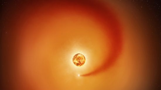 An illustration of the red supergiant star Betelgeuse and a smaller orbiting companion star.