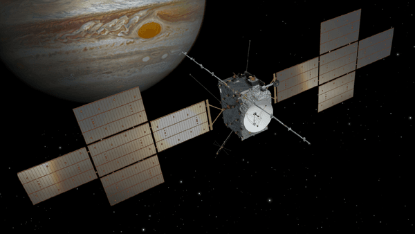 An artist's rendering of Juice and Jupiter.