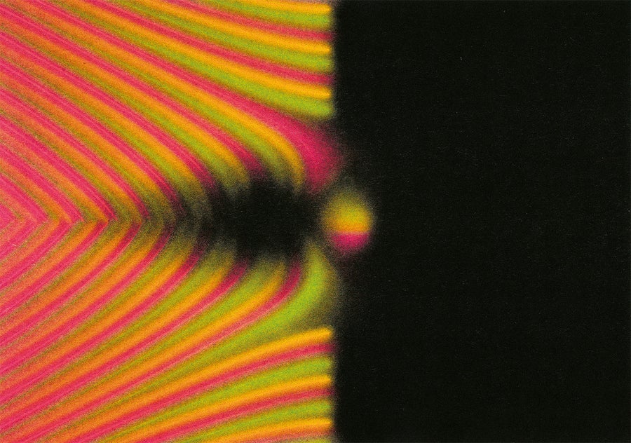 A triangular striped pattern of pink, yellow and green sweeps from left to right, fading to black at the center.