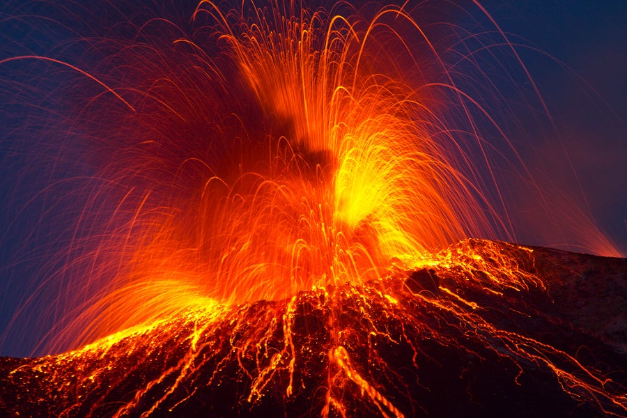 Volcanic eruption at night in Stromboli Italy