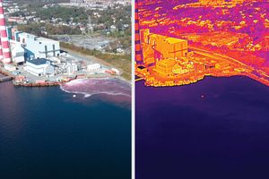 Paired aerial views of a waterfront power station, with a thermal view on the right and a visible-light view on the left showing a vivid pink plume spreading from shore.