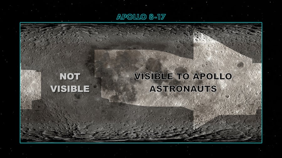 An animation focuses on a recctangular map of the entire surface of the moon, with an irregular brighter shape indicating the less than half of the terrain that astronauts have seen directly.