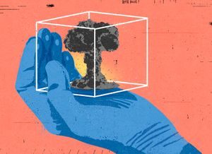 A blue hand cradles a transparent cube containing a dark mushroom cloud against a coral background.