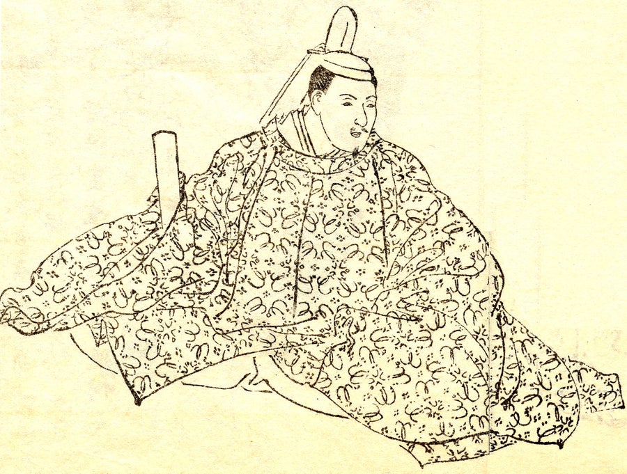 A line drawing of a sitting person in a hat and intricately decorated outfit.