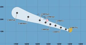 Forecast showing Tropical Storm Lala nearing Hawaii by Saturday.