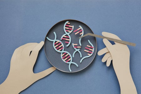 Conceptual paper illustration of human hands and DNA in a lab.