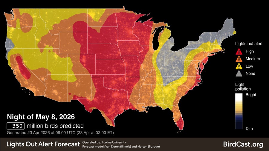 This image shows a map of the United States overlaid with red, orange and yellow marking where turning off the lights is most impactful for migratory birds. this map is for May 8, 2026 and the red area shows that turning off lights in the middle of the country is most important.