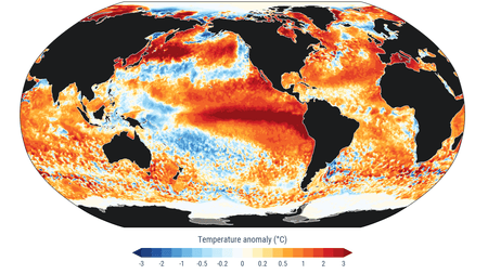 Glowing red ocean temperatures show a cluster of deep red around the equator.