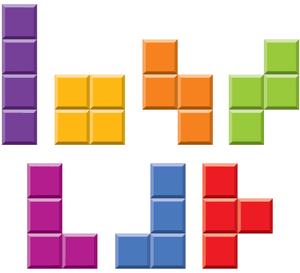 The seven classic Tetris pieces are shown, each pictured in a different color.