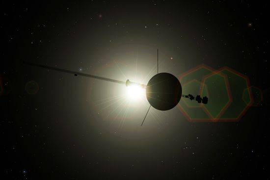 An illustration of the Voyager spacecraft leaving the solar system. The spacecraft is in silhouette with the light from the distant sun shining through.