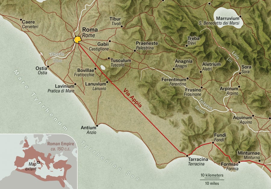 Map shows a portion of the ancient Via Appia. A locator map sets the scene, with a box around an area about 100 miles wide by 80 miles tall encapsulating Rome. The road traces a near-straight southeast line from Rome to Terracina, then jogs up to Fondi, down to Formia, then continues along the coast out of frame.