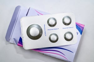 A blister pack of pills shown, with mifepristone label on package.