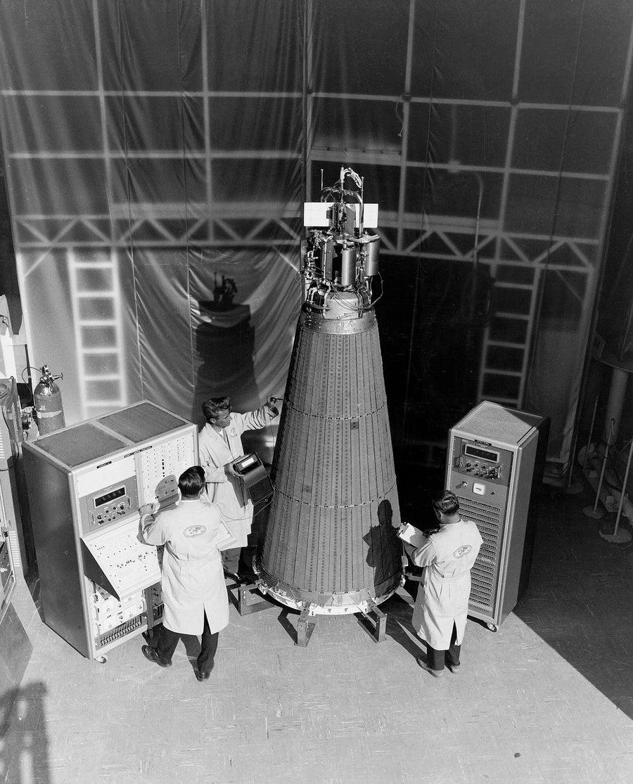 A photo of the SNAP 10A nuclear reactor spacecraft being prepared for launch in 1965.