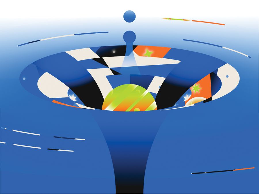 Illustration of a liquid drop falling into a funnel shaped vortex on a blue surface, revealing a colorful geometric geometric space pattern inside the opening.