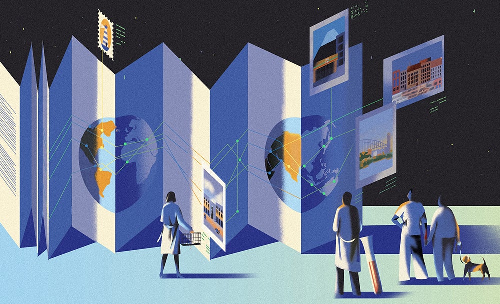 Stylized illustration by Olga Aleksandrova depicting scientists looks at world maps, photos of cities and stamps. Aiming to underscore the appeal of jobs outside of the United States.
