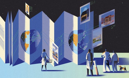 Stylized illustration by Olga Aleksandrova depicting scientists looks at world maps, photos of cities and stamps. Aiming to underscore the appeal of jobs outside of the United States.