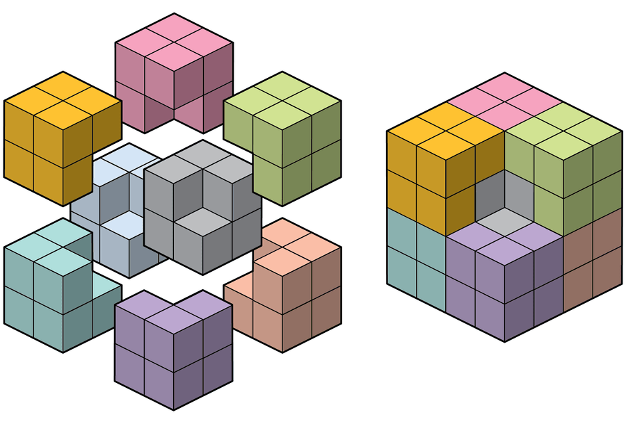 Graphic shows an exploded and assembled version of Superchair44, composed of eight iterations of the Chair44 monotile.