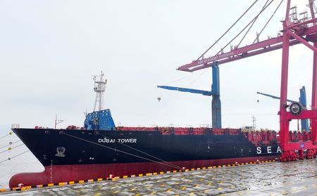 CHINA-ARCTIC-SHIPPING The ship "Dubai Tower" owned by the Sea Legend is pictured at the Ningbo-Zhoushan port in Ningbo, eastern China's Zhejiang province on August 15, 2026.