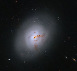 This NASA Hubble Space Telescope images reveals the lenticular galaxy NGC 1266. This enigmatic poststarburst galaxy has a bright center and a face that hints at spiral structure, yet it holds no discernible spiral arms.