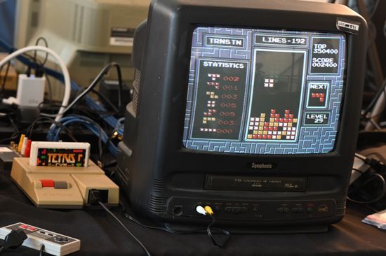 A view of an NES console and "Tetris" on screen during Gaming Classic trade show at Baird Center on April 06, 2024 in Milwaukee, Wisconsin