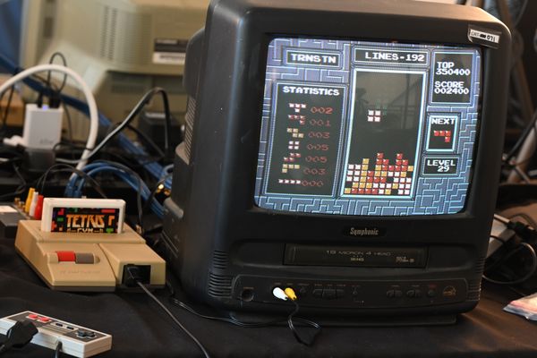 A view of an NES console and "Tetris" on screen during Gaming Classic trade show at Baird Center on April 06, 2024 in Milwaukee, Wisconsin