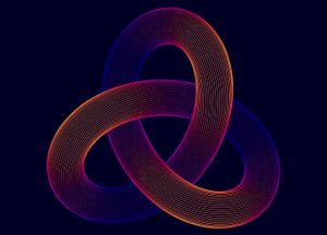 A trefoil knot, or celtic knot, in orange, pink and blue, appears against a black background.