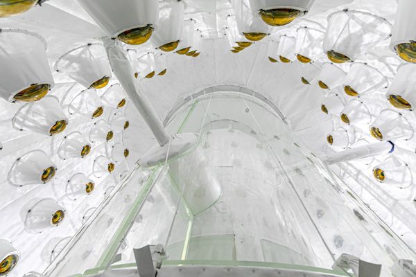 A giant, cylindrical white vessel viewed at an angle from below and surrounded by a cylinder of cameras to collect light.